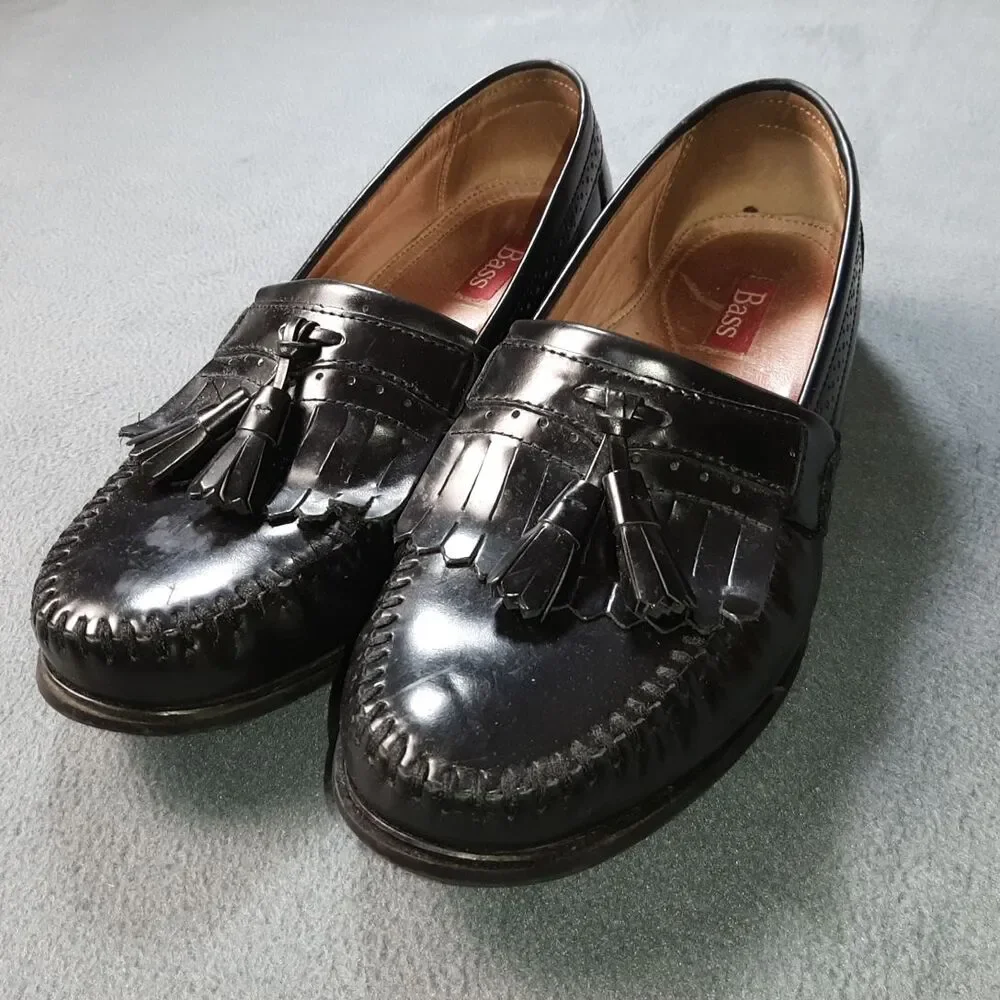 Bass Loafers Mens 11 WIDE Black Leather Penny Dress Shoes Preppy Fringe Tassell